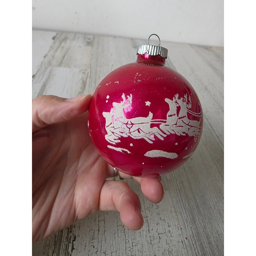 Vintage reindeer pink stencil sleigh Santa shiny Brite ornament glass Xmas tree